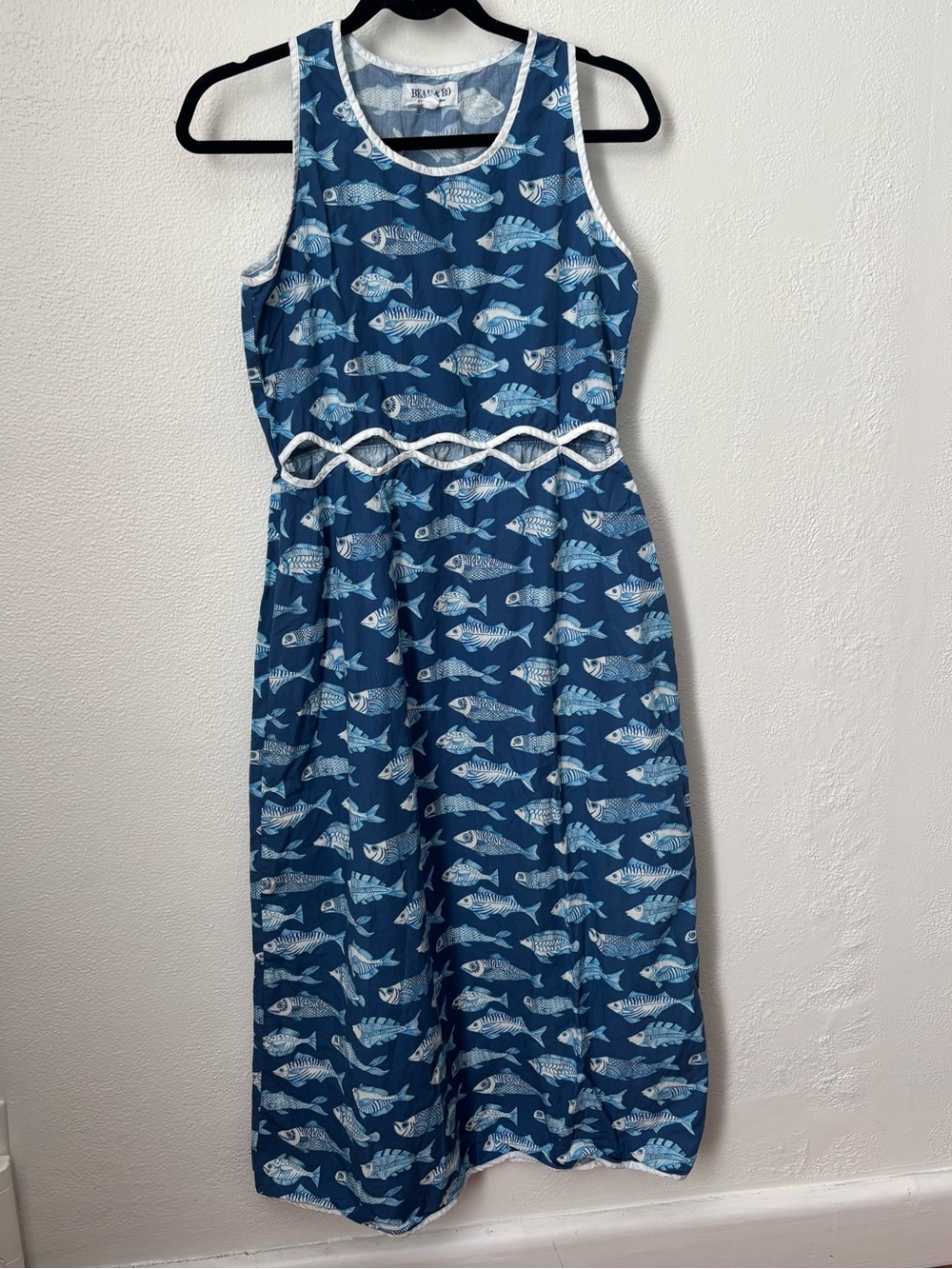 Beau & Ro Fish Print Cotton Midi Dress S Coastal Old Money Nautical